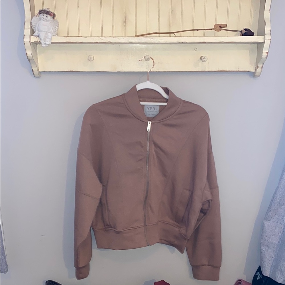 Abercrombie Tan Bomber Jacket with Soft Texture and Zip Closure